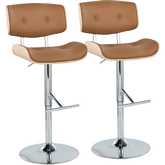 Lombardi Adjustable Swivel Bar Stool in Chrome, Natural Wood & Camel Leatherette (Set of 2)